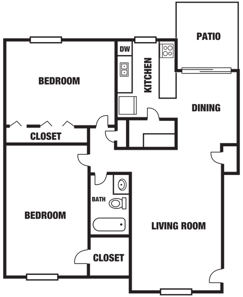 Floor plan for 2 beds, 1 bath, 900 sqft